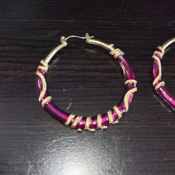 Purple Enamel Hoops 2 inches big Gold Plated- gorgeous - Picture 2 of 4